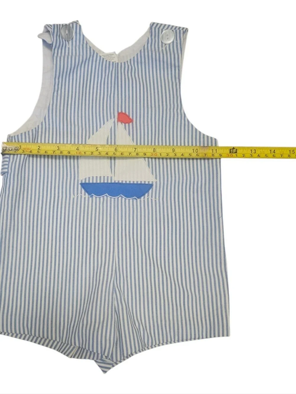 Vintage Baby Jon-Jon Romper White Blue Striped Sailboat Embroidery No Size
